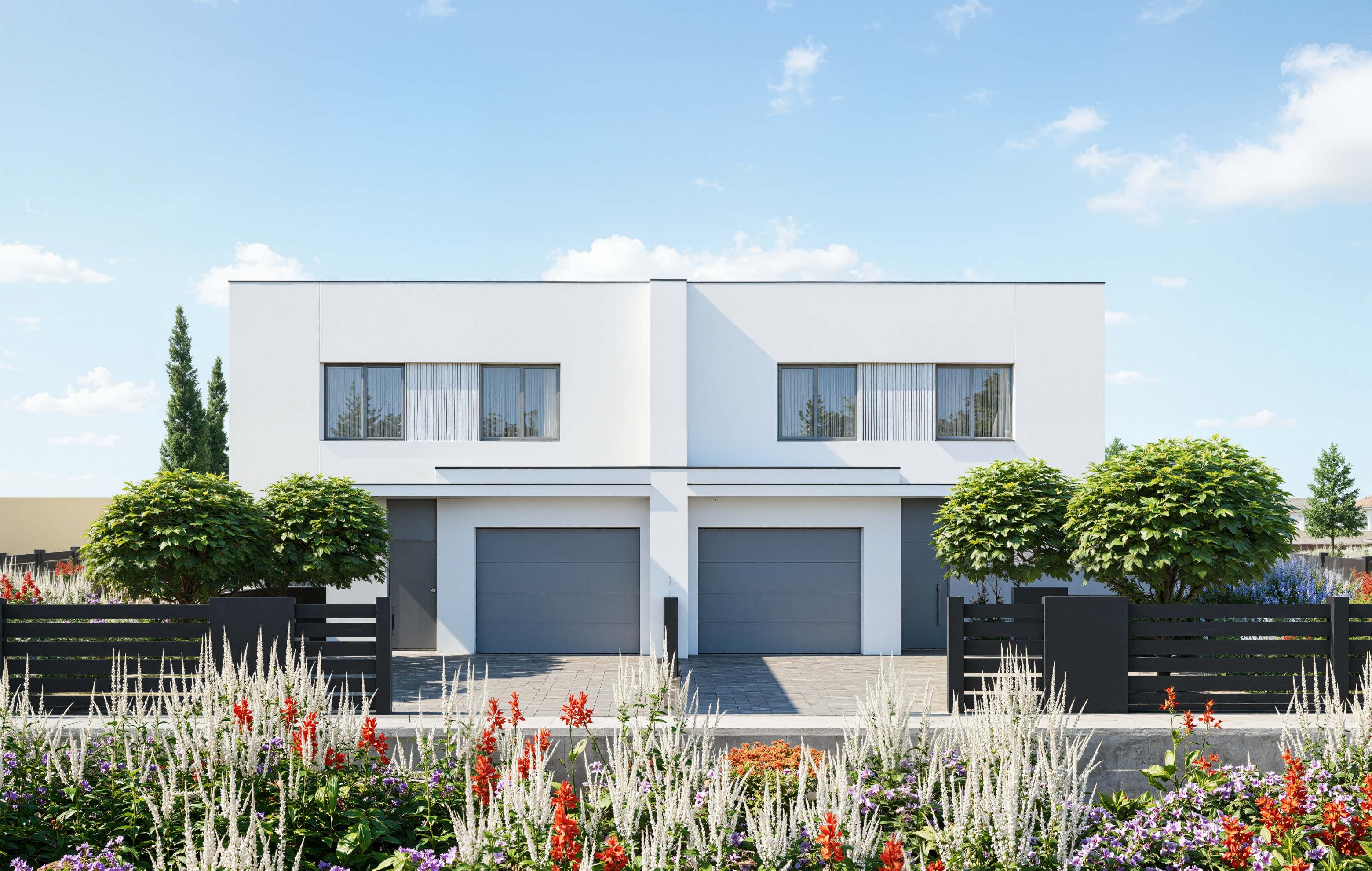 Nowa Residence — widok frontu z garażami