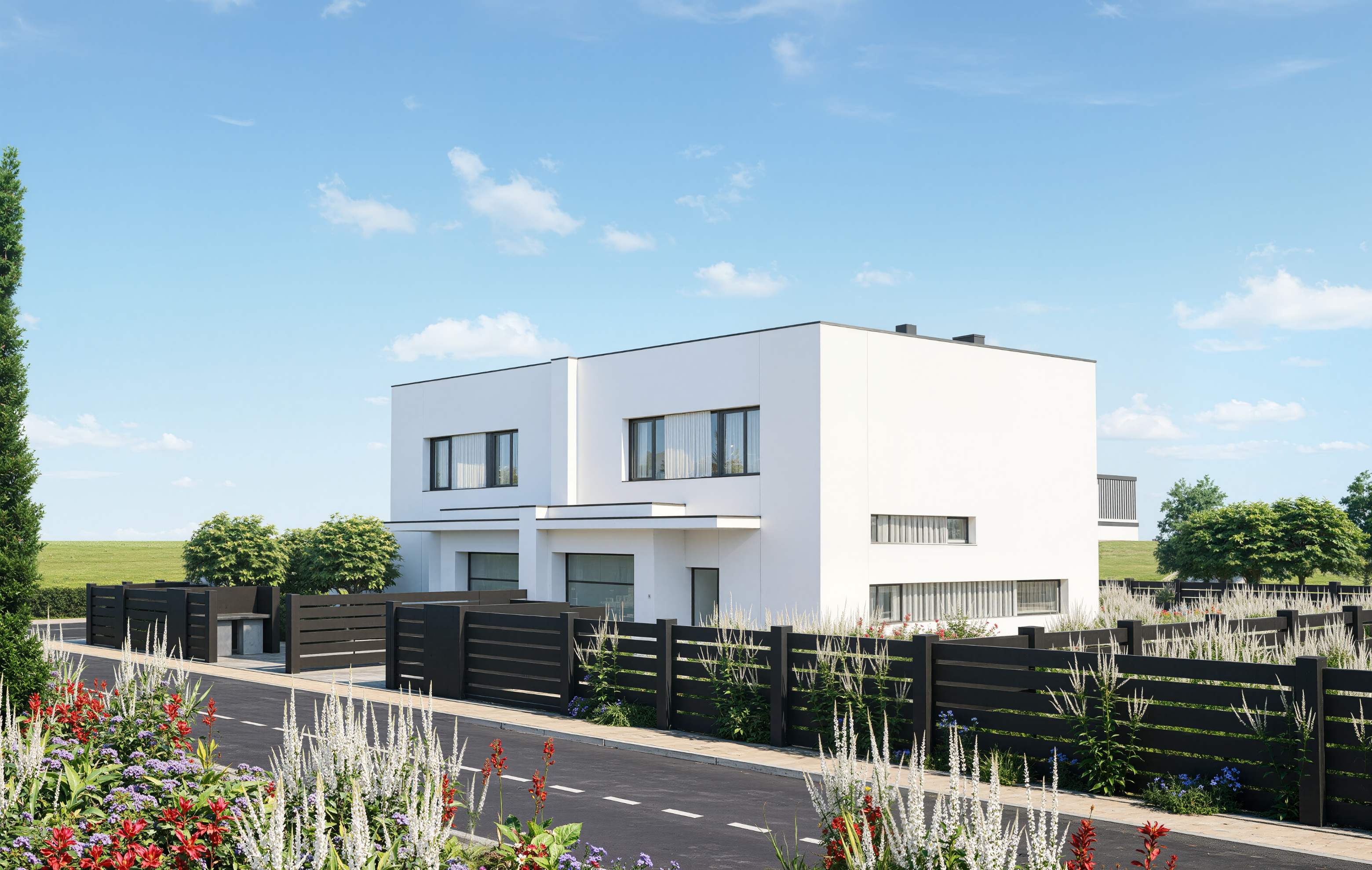 Nowa Residence — widok od strony ogrodu z ogrodzeniem