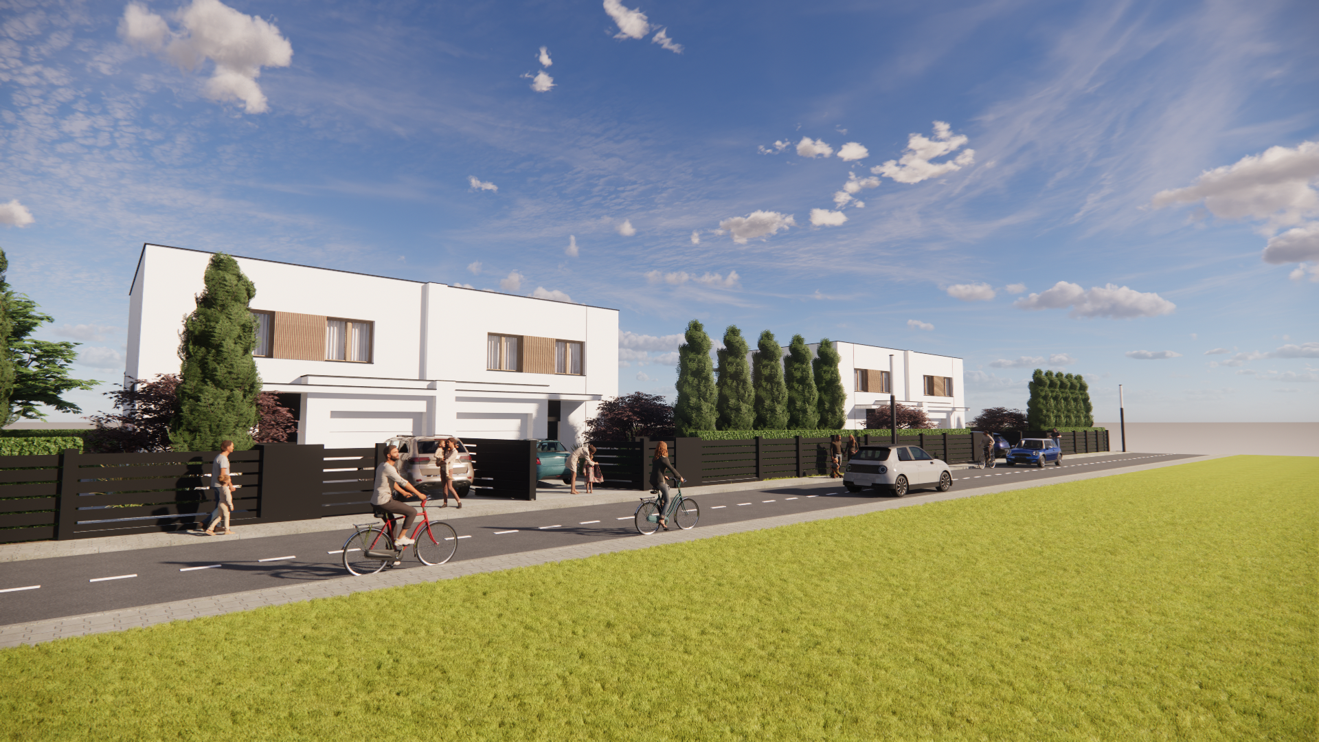 Nowa Residence — widok z ulicy z rowerzystami